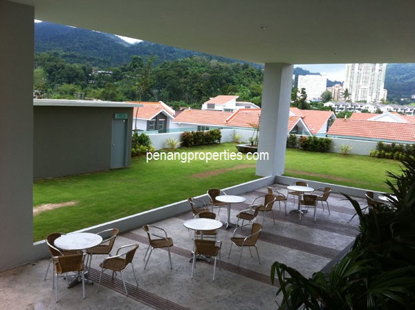 Landscaped lawn, table and chairs