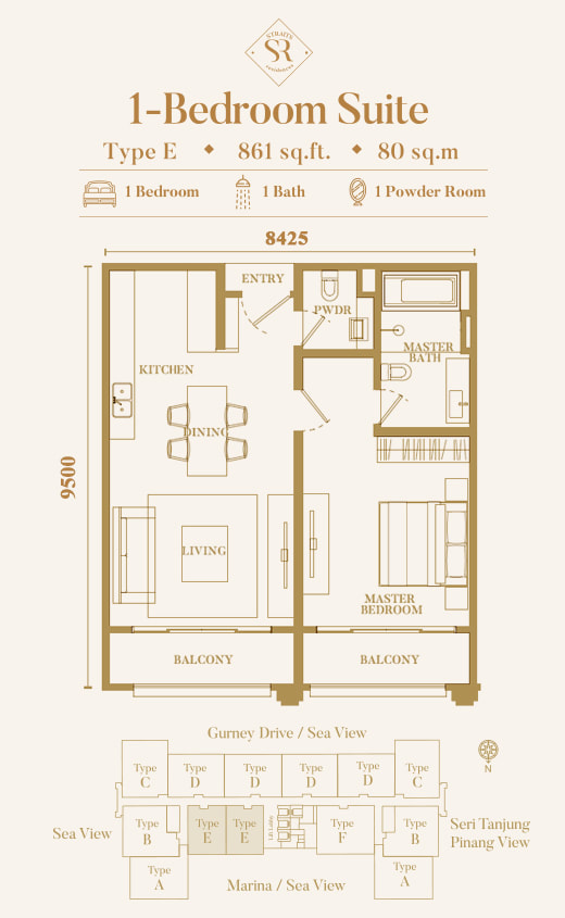 Type E - 1 bedroom suite 
