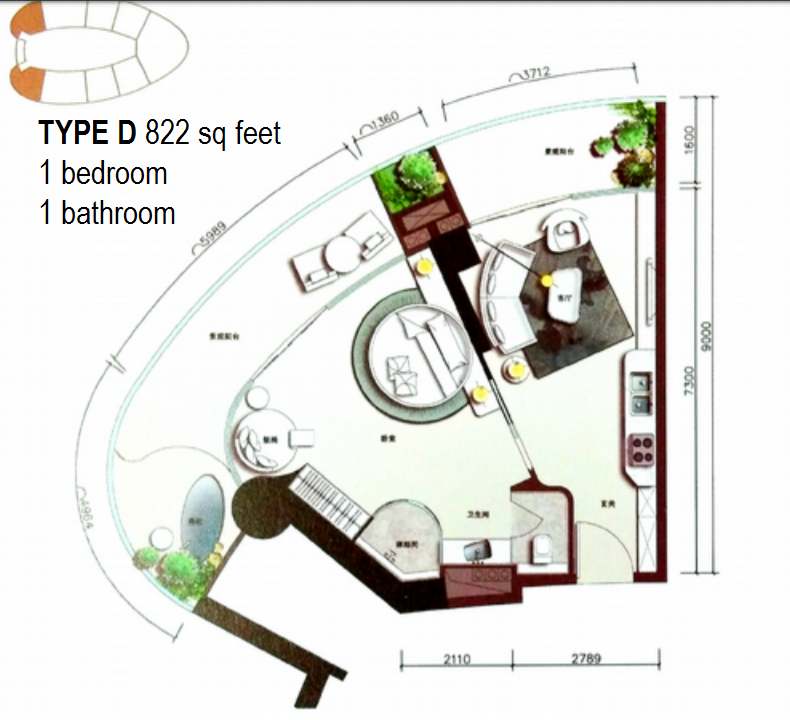 Type D  1 bedroom 1 bathroom
