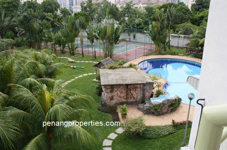 Garden paved foot path and tennis court