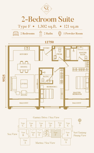 Type F - 2 bedroom suite 1,302 sq feet
