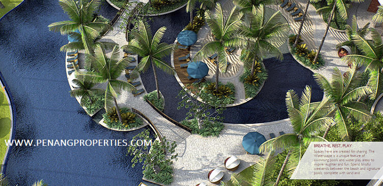 The swimming pools and water play areas