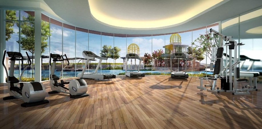 Gym with a pool view