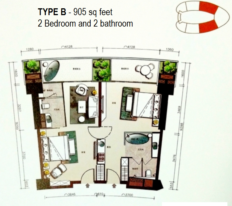 Type A 2 bedroom and 2 bathroom
